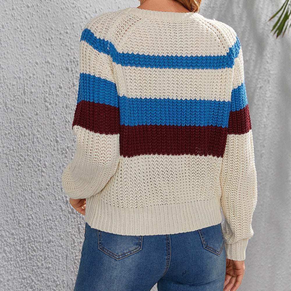 Damen Baumwollpullover mit modernen Blockstreifen und Rundhalsausschnitt