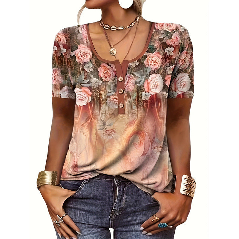 Damen Kurzarmshirt mit floralem Herzdesign und Knopfleiste R&B