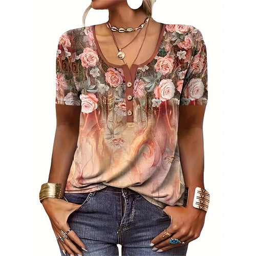 Damen Kurzarmshirt mit floralem Herzdesign und Knopfleiste R&B