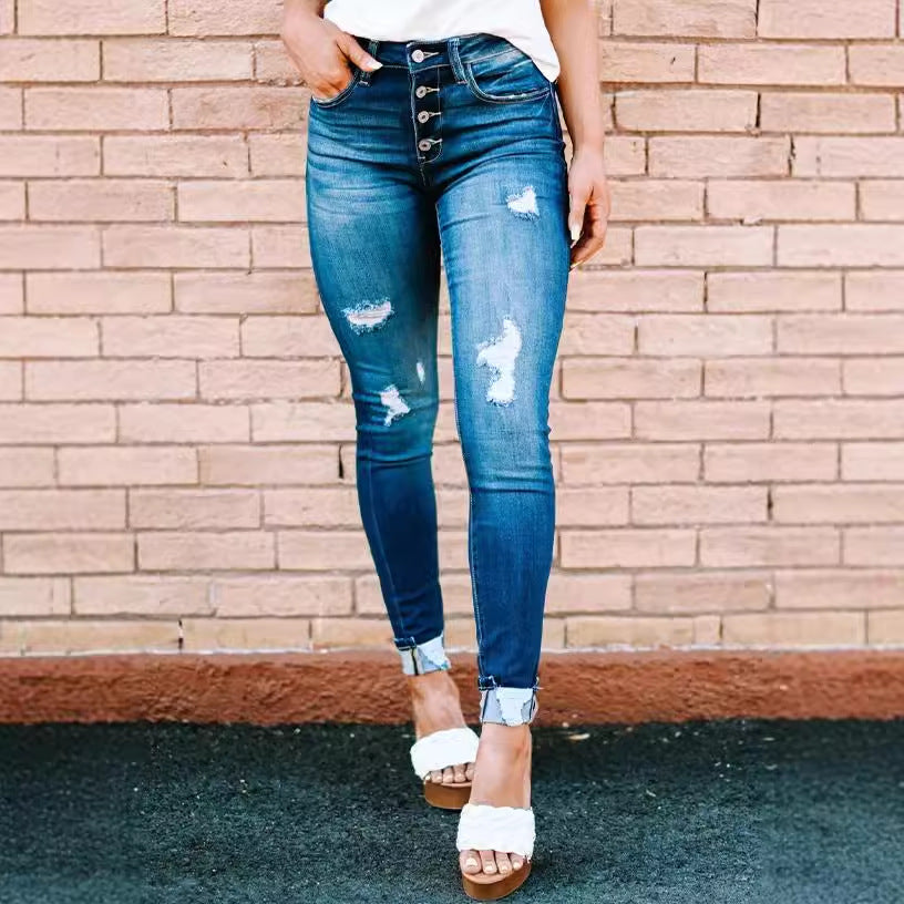 Damen High-Waist Skinny Jeans mit modischen Knopfdetails R&B