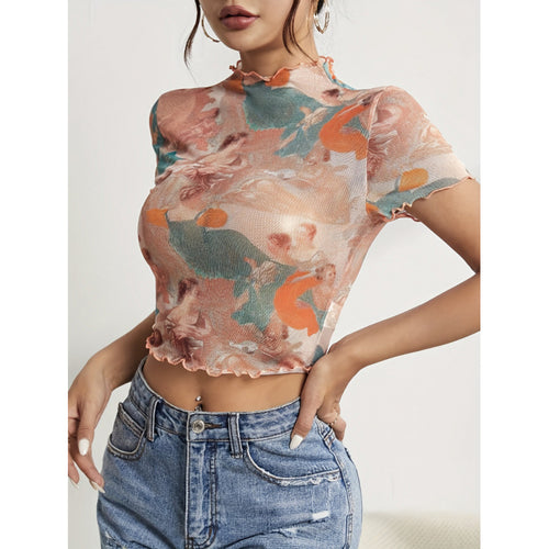 Damen Kurzarmshirt mit kunstvollem Print und modischem Schnitt R&B