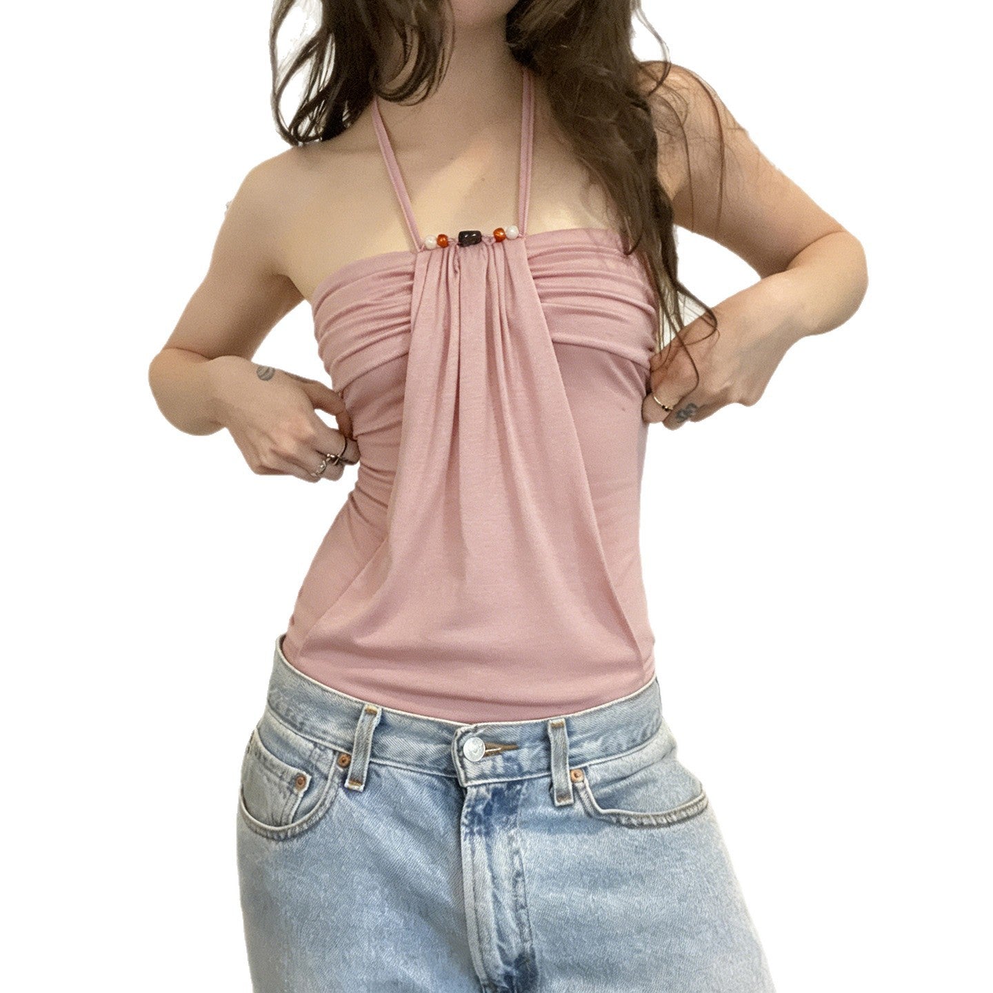 Damen Spaghetti-Trägertop mit eleganter Drapierung und dekorativen Perlen R&B