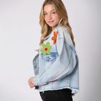 Damen Jeansjacke mit buntem Rugby-Print und lässigem Schnitt R&B