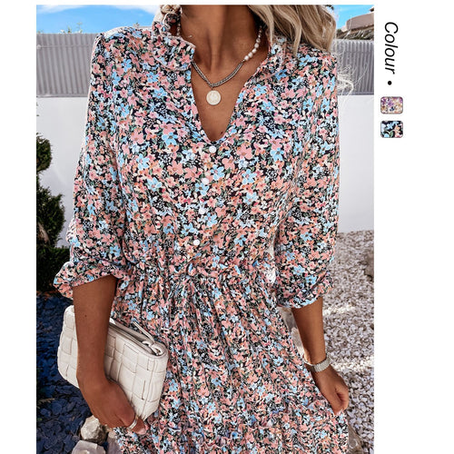 Damen Blumenkleid mit verspielten Rüschendetails und knielangem Schnitt R&B