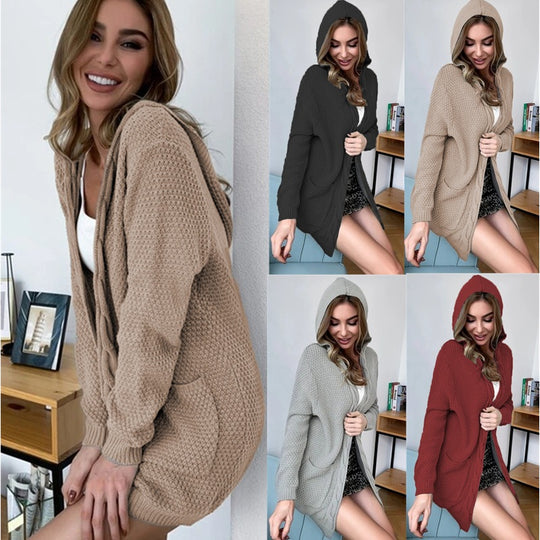 Damen Strickjacke mit Kapuze und großzügigen Taschen R&B
