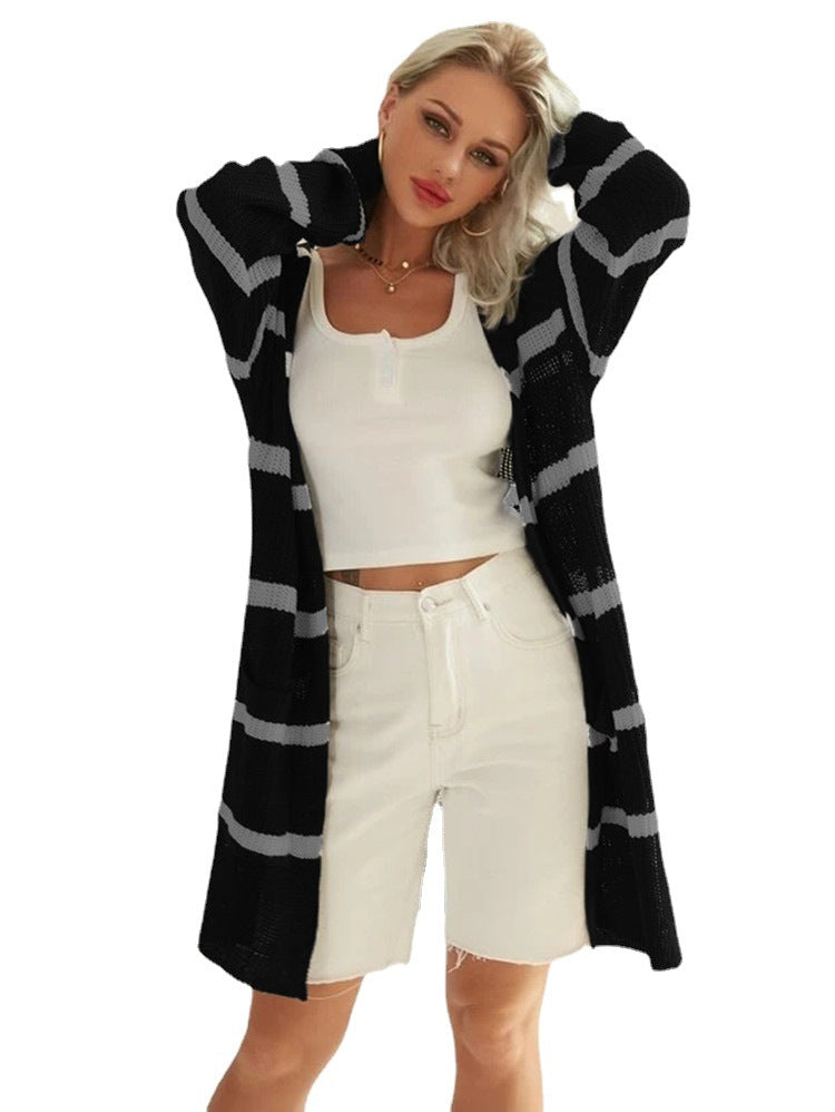 Damen lässige Strickjacke mit gestreiftem Design und offenem Schnitt R&B