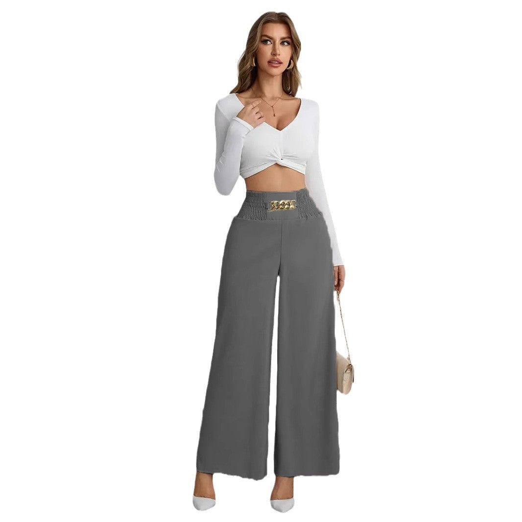 Damen Weite High-Waist Hose mit dekorativem Gummizug und modischem Gürtel R&B
