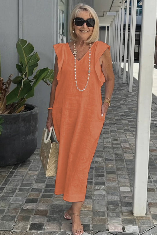Damen Leichtes Maxikleid mit V-Ausschnitt und seitlichen Taschen R&B