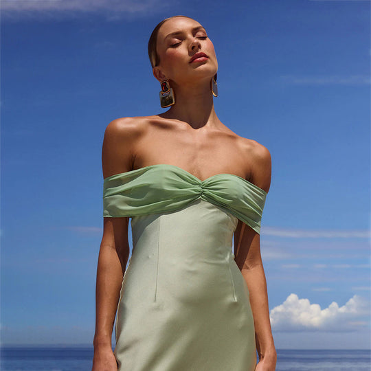Damen elegantes Maxikleid mit schulterfreiem Design R&B