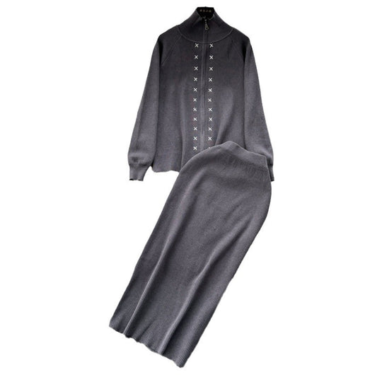 Damen eleganter Strickanzug mit Reißverschluss R&B