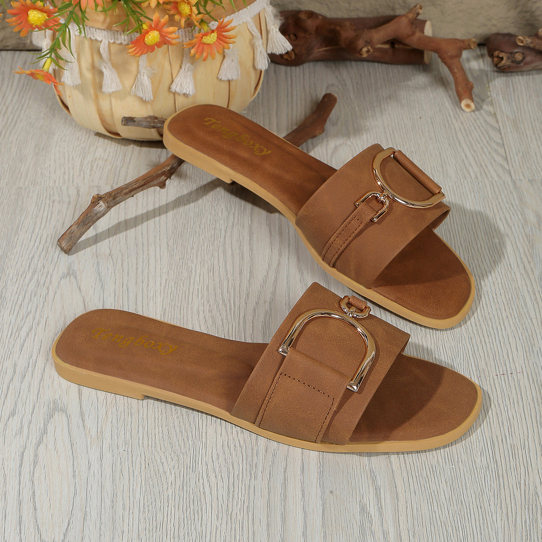 Damen elegante Slide-Pantoletten mit dekorativem Metall-Detail R&B