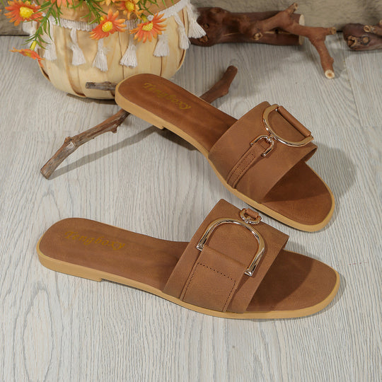 Damen elegante Slide-Pantoletten mit dekorativem Metall-Detail R&B