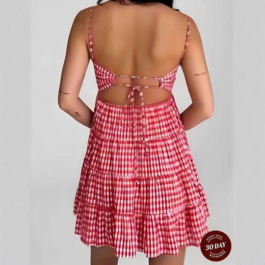 Damen nan luftiges kariertes Trägerkleid mit herzförmigem Ausschnitt und gestuftem Volantrock R&B