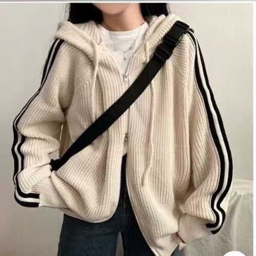 Damen lässiger Strickhoodie mit tiefem V-Ausschnitt und seitlichen Streifen R&B