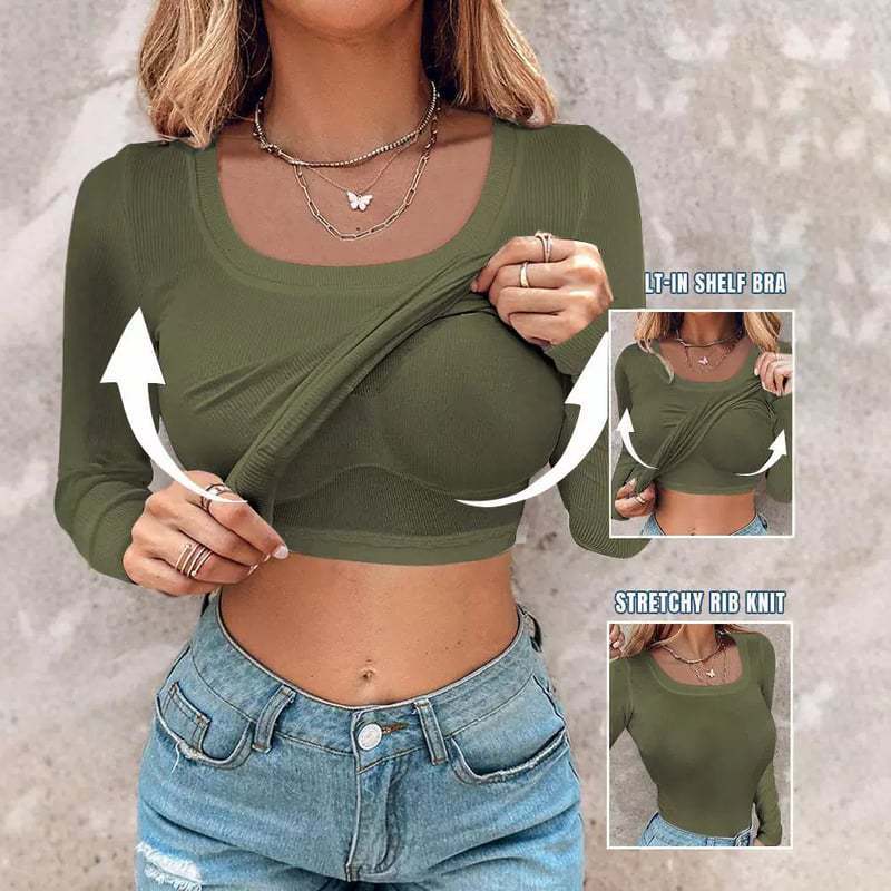 Damen Langarm Crop Top mit eingearbeitetem BH und elastischer Rippenstruktur R&B