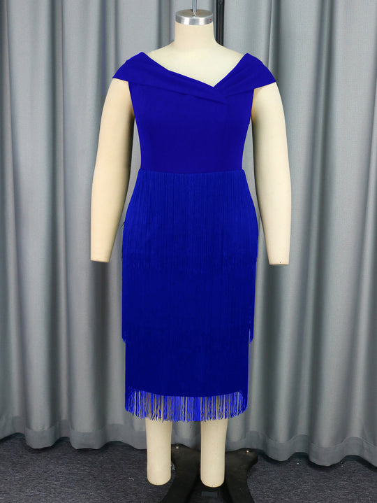 Damen Glamouröses Fransen-Kleid mit elegantem V-Ausschnitt R&B