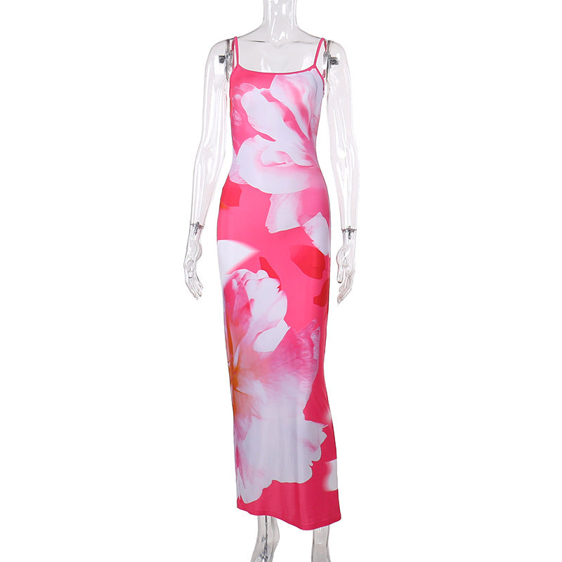 Damen trendiges Maxi-Kleid mit floralem Muster und schmalen Spaghettiträgern R&B