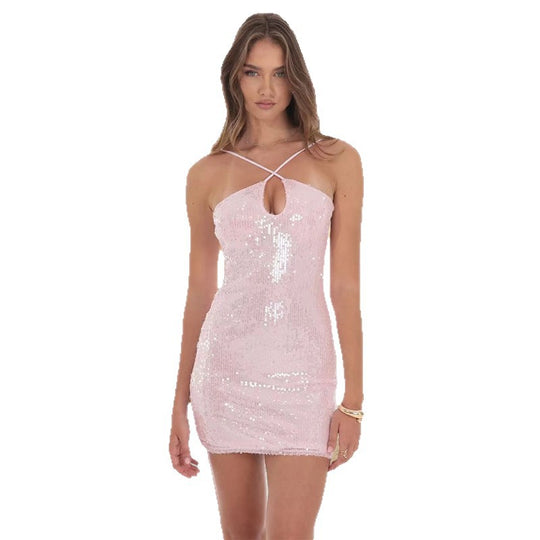 Damen Glitzerndes Minikleid mit eleganter Trägergestaltung und tiefem Ausschnitt R&B