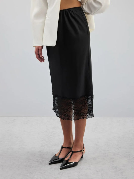 Damen eleganter Satin-Rock mit floralen Spitzenakzenten R&B