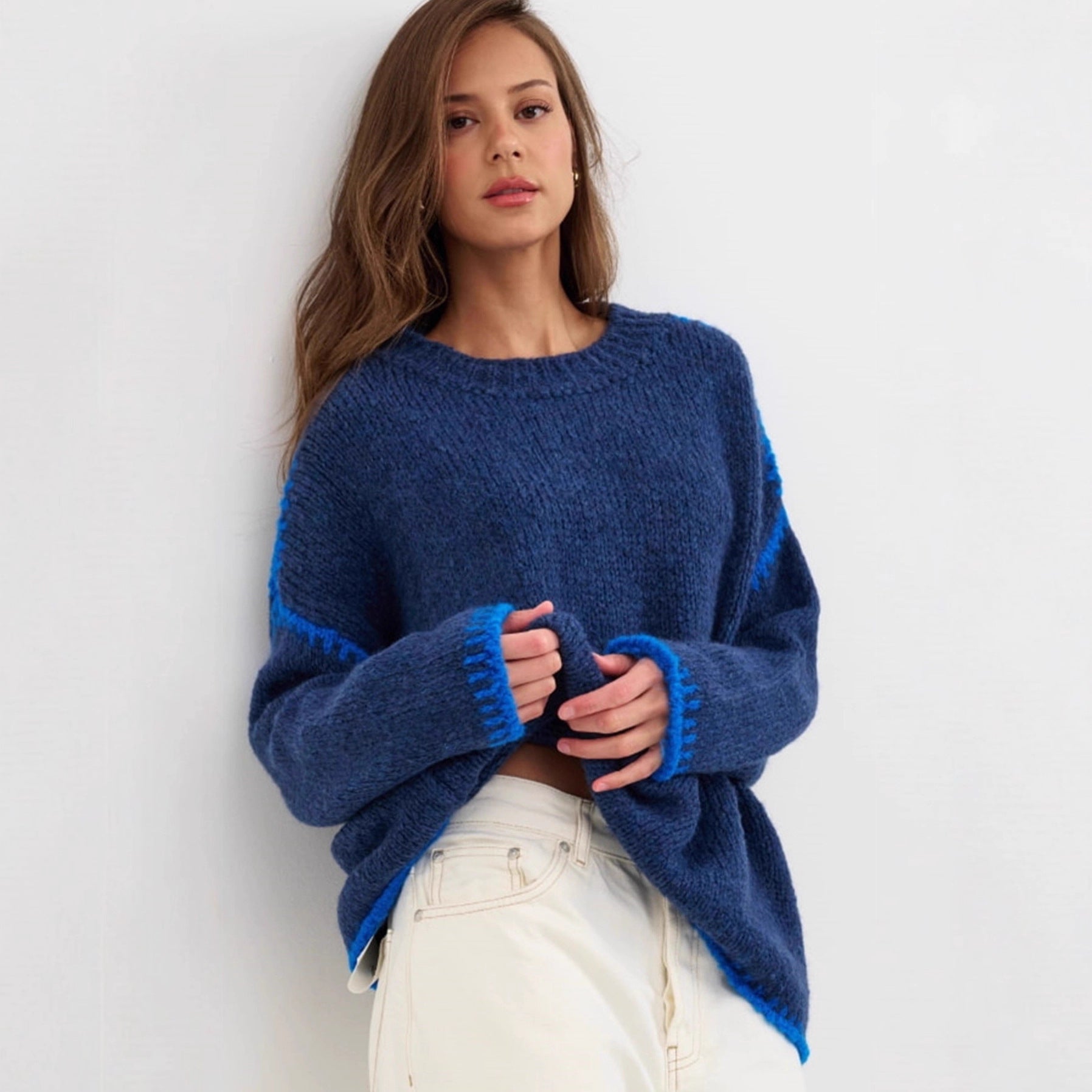 Damen kuscheliger Strickpullover mit kontrastierenden Akzentdetails R&B