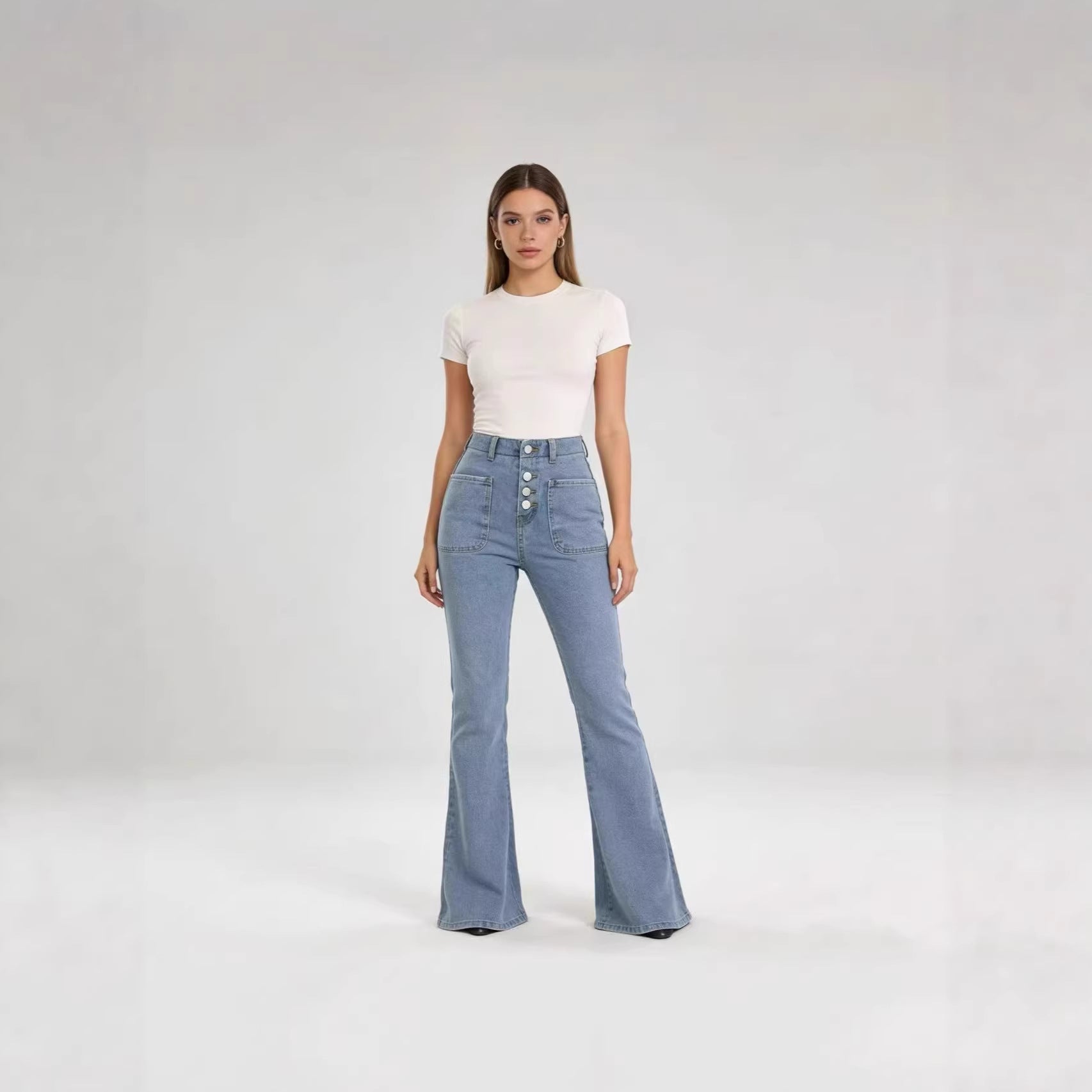 Damen Bootcut Jeans mit hohem Bund und Knopfleiste