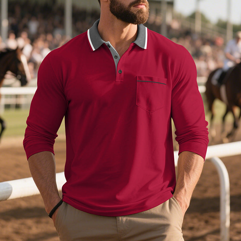 Herren Langarm-Poloshirt mit strukturiertem Design und modischer Brusttasche R&B