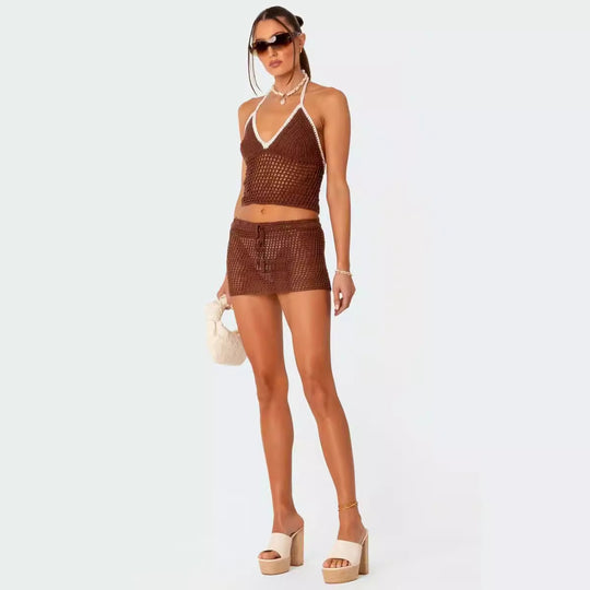 Damen gehäkeltes Strand-Outfit mit verstellbarem Oberteil und Shorts R&B