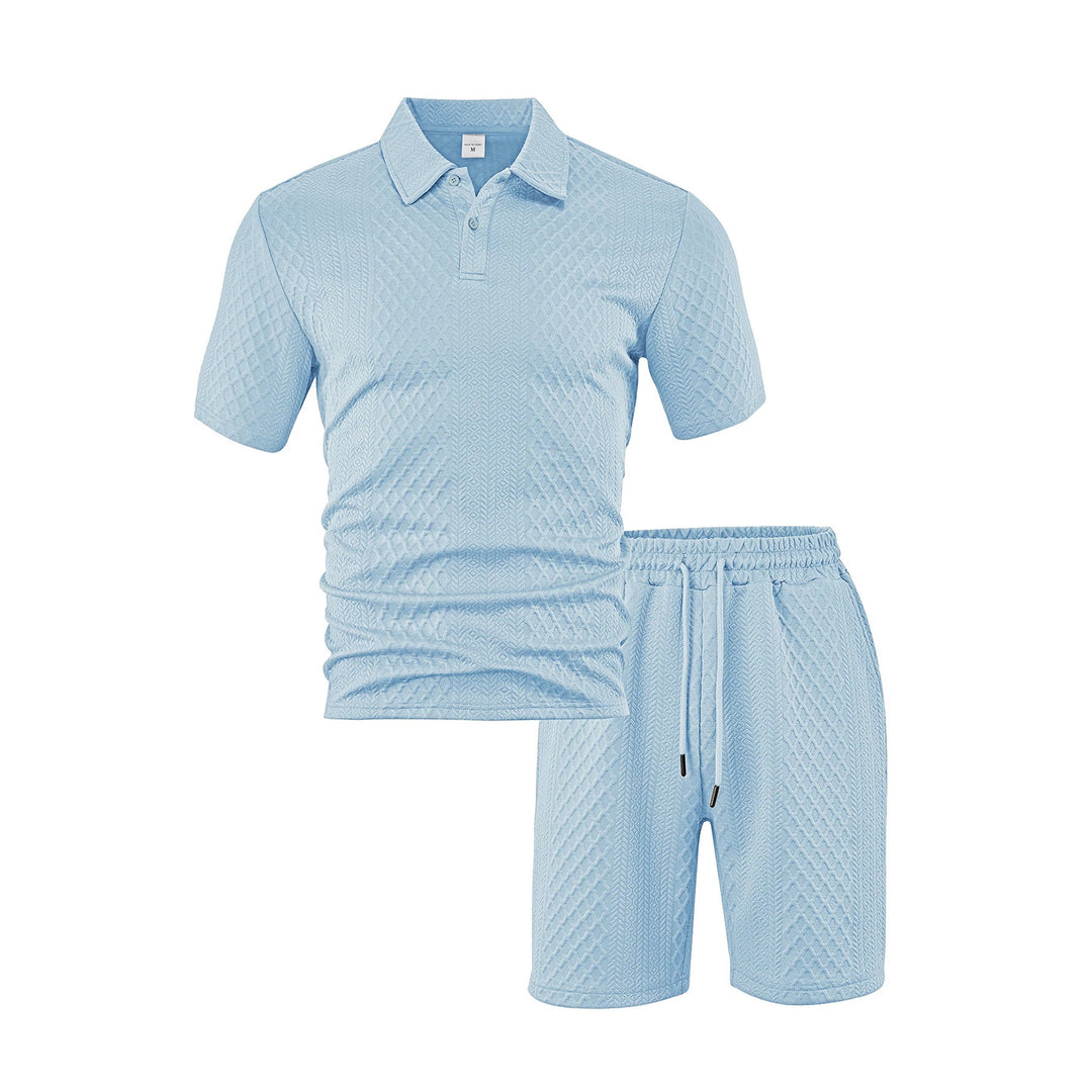 Herren nan dreidimensionales Relief-Freizeit-Set mit Polokragen, verdeckter Knopfleiste und elastischer Tunnelzugshorts R&B