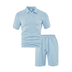 Herren nan dreidimensionales Relief-Freizeit-Set mit Polokragen, verdeckter Knopfleiste und elastischer Tunnelzugshorts R&B