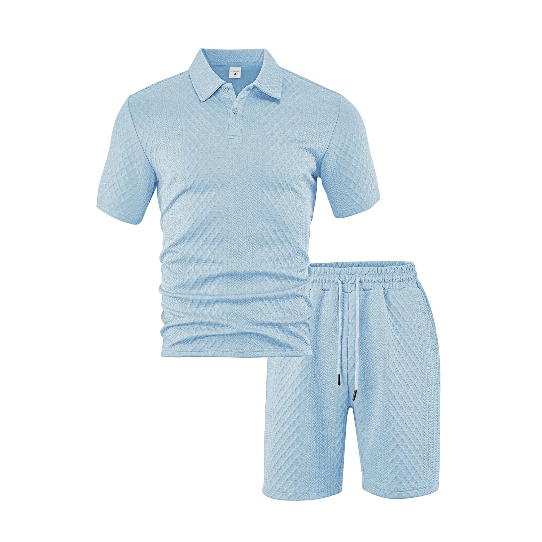 Herren nan dreidimensionales Relief-Freizeit-Set mit Polokragen, verdeckter Knopfleiste und elastischer Tunnelzugshorts R&B