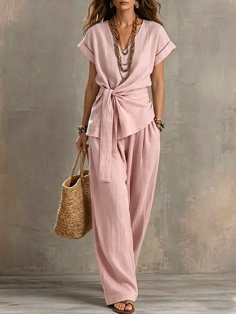 Damen Lässiges Oversize-Hosenanzug mit Wickel-Oberteil R&B
