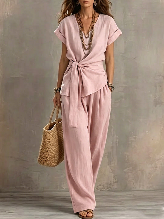 Damen Lässiges Oversize-Hosenanzug mit Wickel-Oberteil R&B