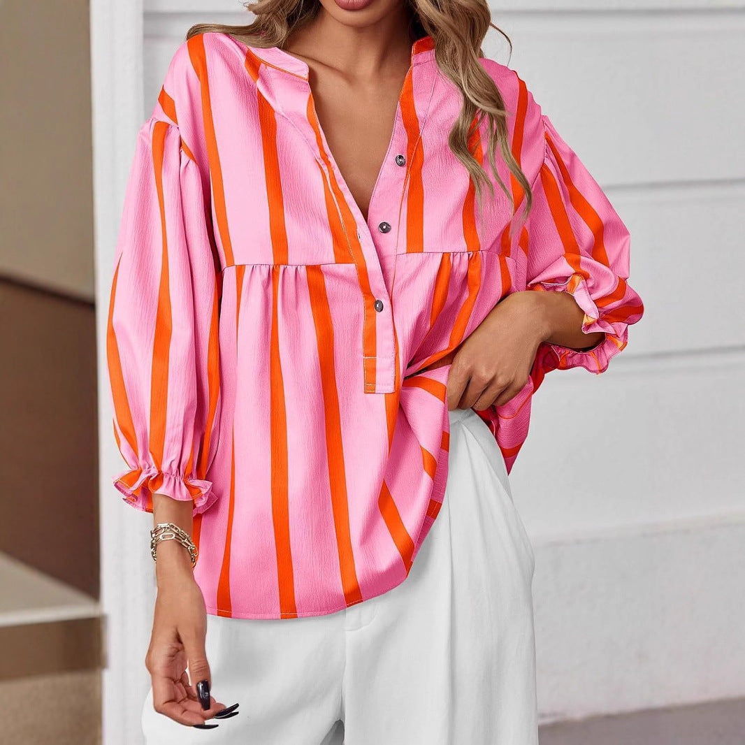 Damen oversize Bluse mit Streifenmuster und Knopfleiste R&B