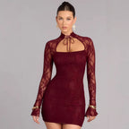 Damen Spitzen Minikleid mit hohem Kragen und schmalen Ärmeln R&B