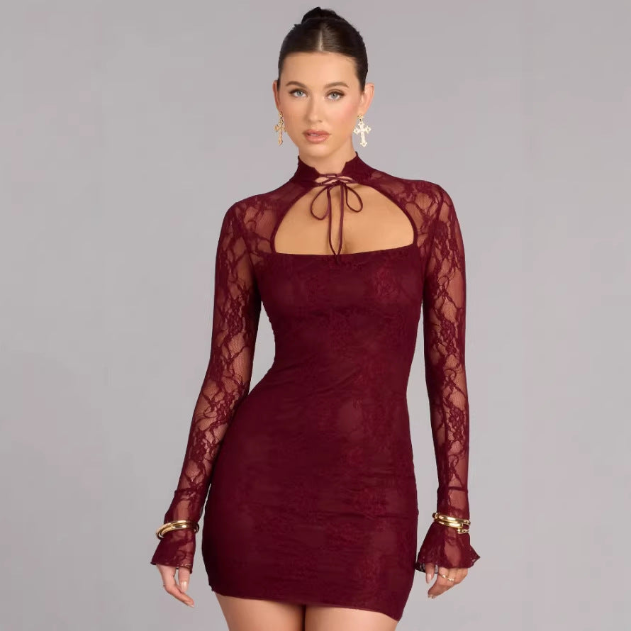 Damen Spitzen Minikleid mit hohem Kragen und schmalen Ärmeln R&B