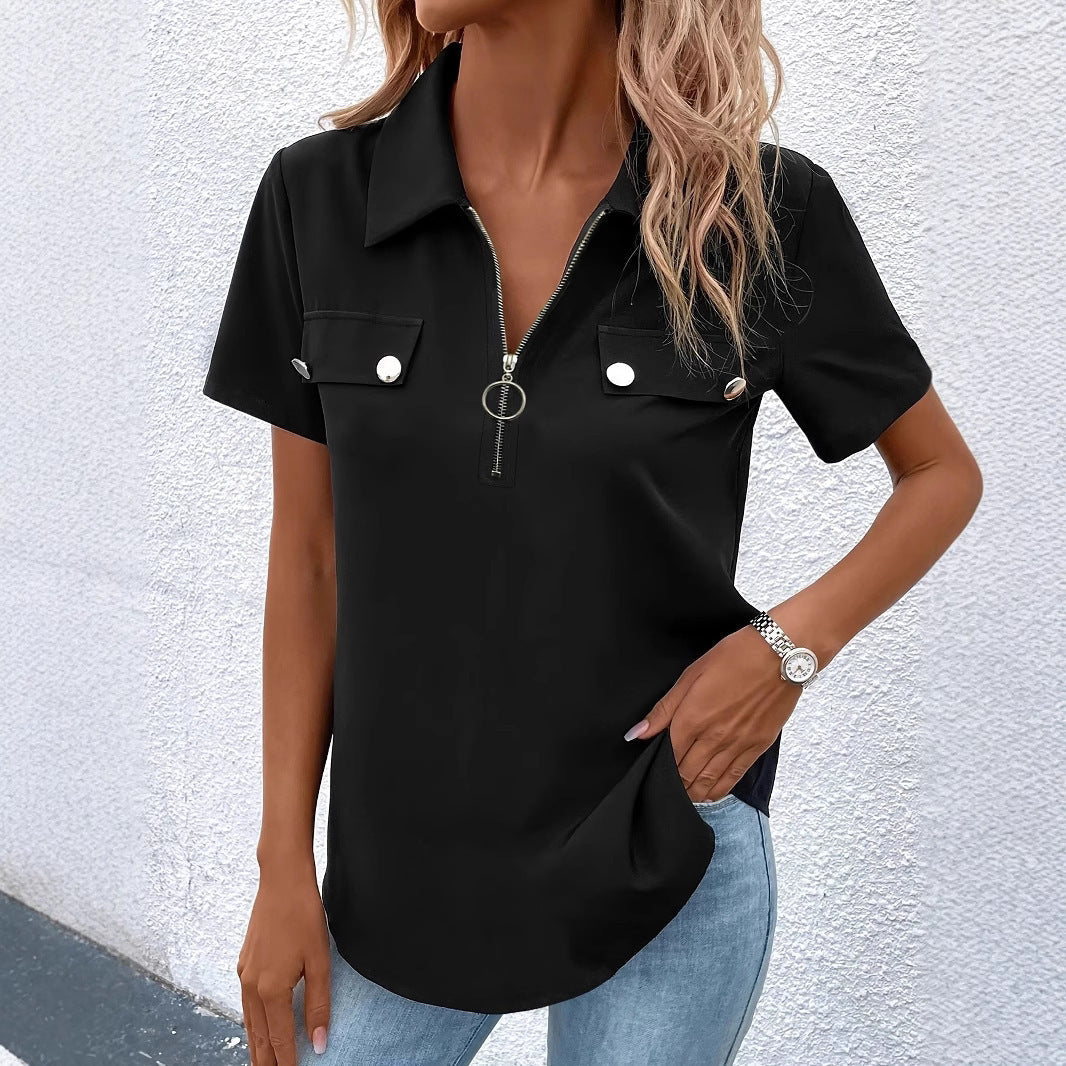 Damen Polo-Shirt mit modischem Reißverschluss und praktischen Brusttaschen R&B