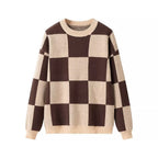 Damen modischer Pullover mit grafischem Karomuster und Rundhalsausschnitt R&B