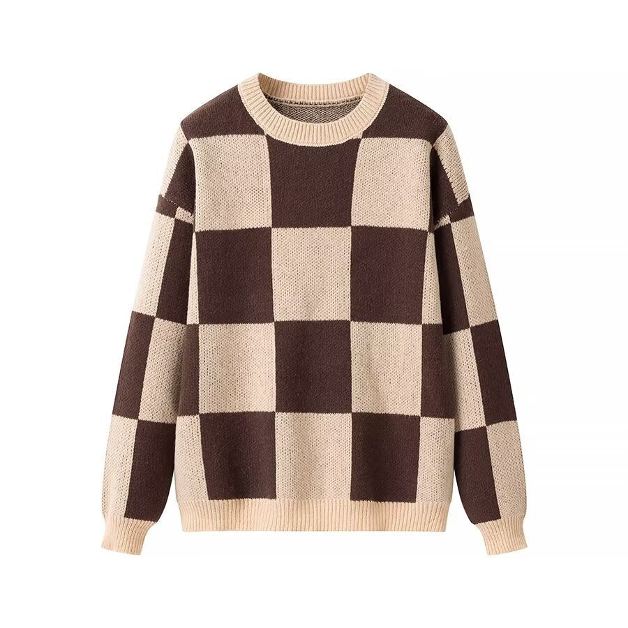 Damen modischer Pullover mit grafischem Karomuster und Rundhalsausschnitt R&B
