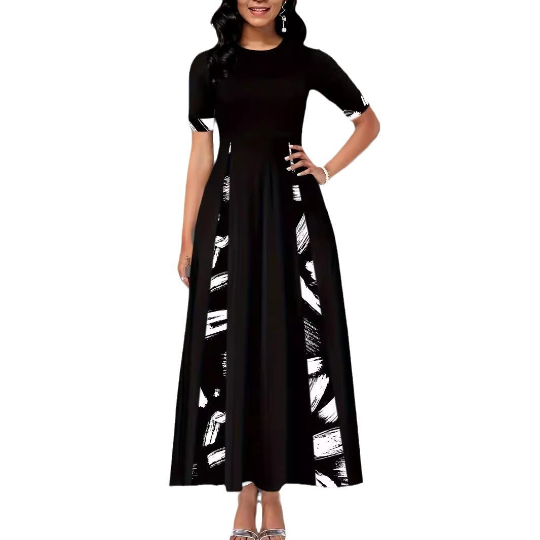 Damen elegantes Maxikleid mit modischem Pinselstrich-Muster und praktischen Taschen R&B