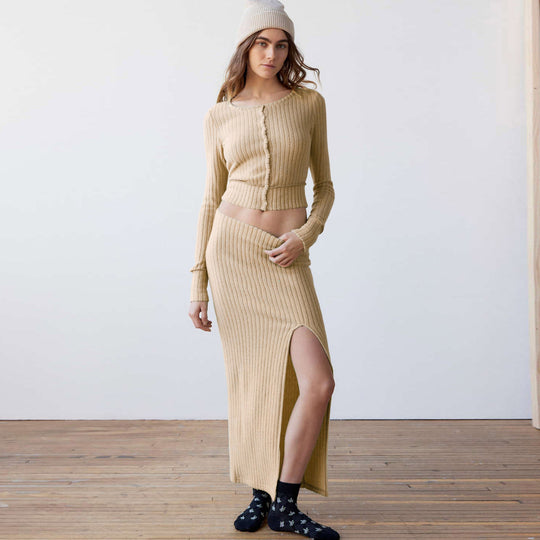 Damen Strickset mit Knopfleiste und hohem Schlitz R&B