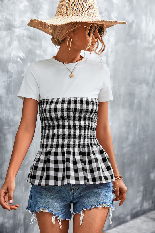 Damen Peplum-Oberteil mit kariertem Stoff und elastischer Taillierung R&B