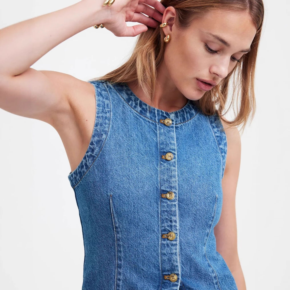Damen Jeans-Weste mit asymmetrischem Schnitt und dekorativen Knöpfen R&B