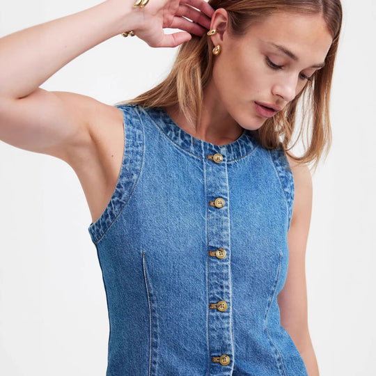 Damen Jeans-Weste mit asymmetrischem Schnitt und dekorativen Knöpfen R&B