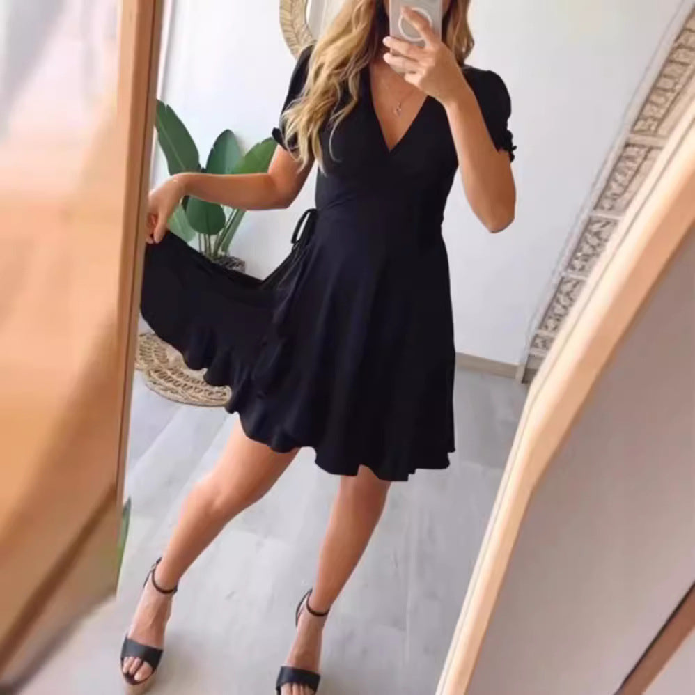Damen nan leichtes Wickelkleid mit V-Ausschnitt, Kurzärmeln, Taillenband und Volantrock R&B