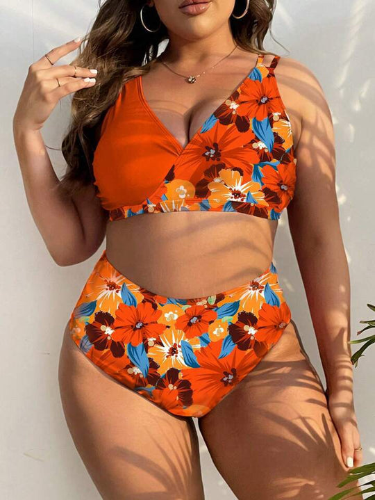 Damen Hochgeschnittener Bikini mit Wickeldesign und floralem Muster R&B
