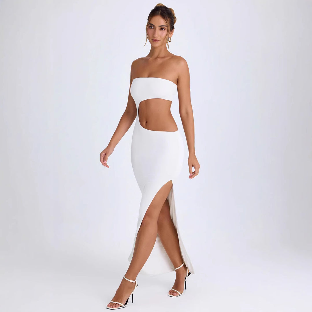 Damen Elegantes Cut-Out Maxikleid mit Schulterfreiem Design und Hohem Schlitz R&B