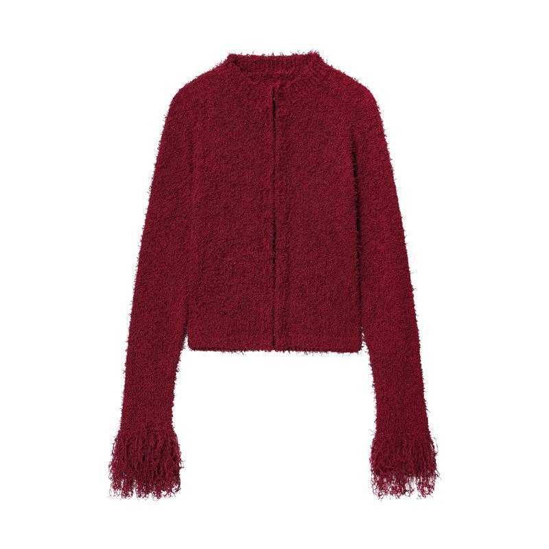 Damen modischer Strickjacke mit fransenärmel und hohem Kragen R&B