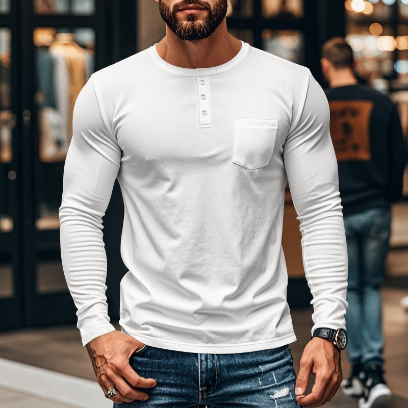 Herren langärmliges Henley-Shirt mit strukturierter Baumwolloberfläche und Brusttasche R&B
