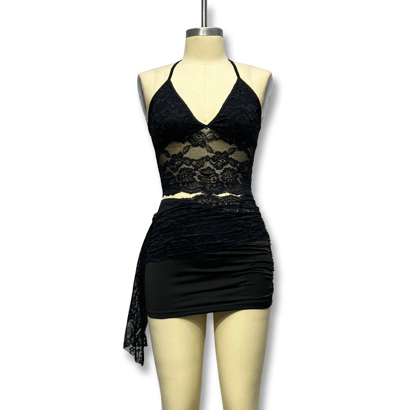 Damen Spitzen-Crop-Top mit Wickeldesign und angeschnittenem Unterrock R&B