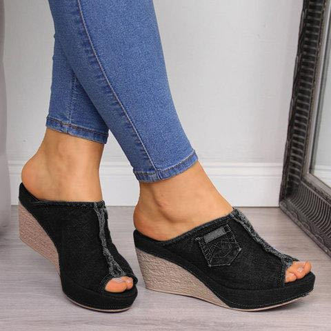 Damen Wedge-Pantoletten mit stylischem Jeans-Design R&B